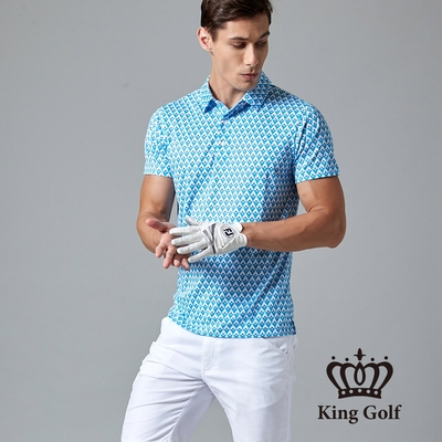 【KING GOLF】男款三角形幾何印花POLO衫/高爾夫球衫-藍色