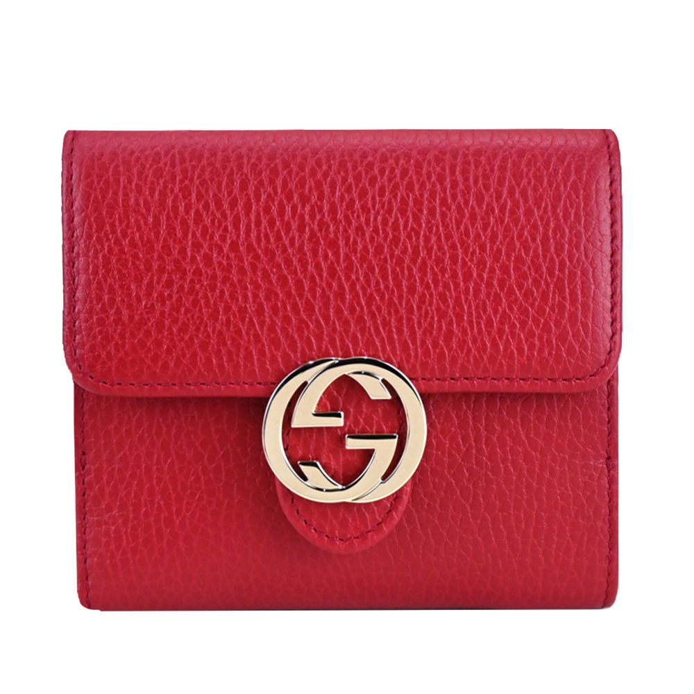 GUCCI 經典 GG LOGO荔枝牛皮翻蓋短夾(紅)