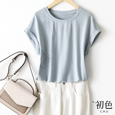 初色 簡約素色刺繡寬鬆休閒短袖T恤上衣-藍色-68396(M-2XL可選)