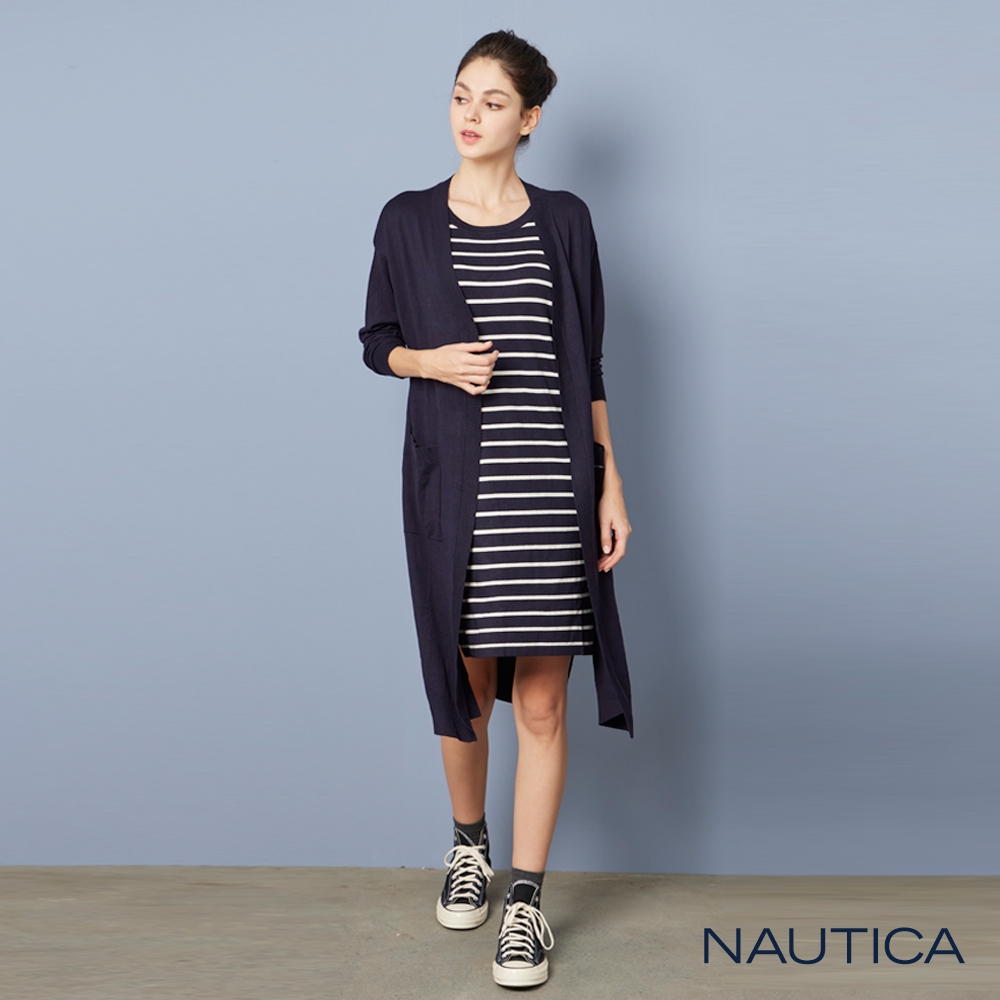 Nautica 女裝 假兩件針織長版洋裝-深藍