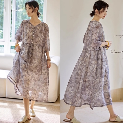 100%精細天然苧麻印花洋裝中長裙-設計所在-獨家高端限量系列
