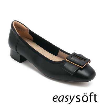 Easy-Spirit-GARRY 方釦質感圓頭低跟鞋-黑色