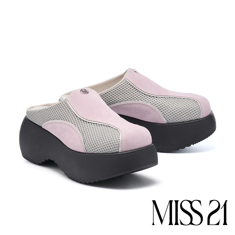 穆勒鞋 MISS 21 微酸個性潮感LOGO異材質拼接撞色大頭厚底穆勒拖鞋－紫