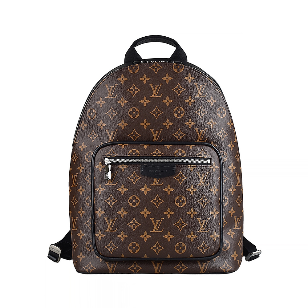 LV M45349 JOSH壓印LOGO緹花Monogram Macassar塗層帆布搭牛皮飾邊拉鍊後背包(咖啡x黑)