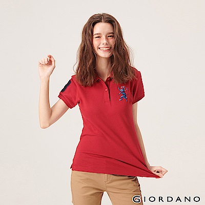 GIORDANO 女裝勝利獅王漸層刺繡彈力萊卡POLO衫-05 標誌紅