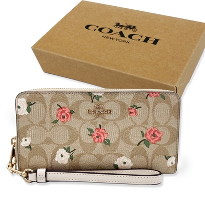 COACH 經典C LOGO手掛式零錢袋長夾禮盒(米白/花卉)