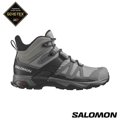 官方直營 Salomon 男 X ULTRA 4 Goretex 中筒登山鞋 鯊皮灰/靜灰/黑