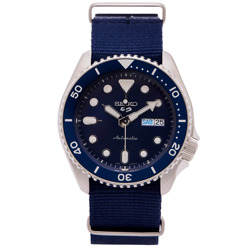 SEIKO  5號機械機芯sport系列帆布材質錶帶款手錶-藍面X藍框/42mm(SRPD51K2)