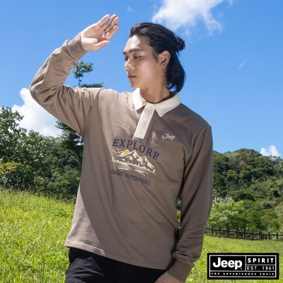 JEEP 男裝 山岳圖騰印花長袖POLO衫-咖啡色