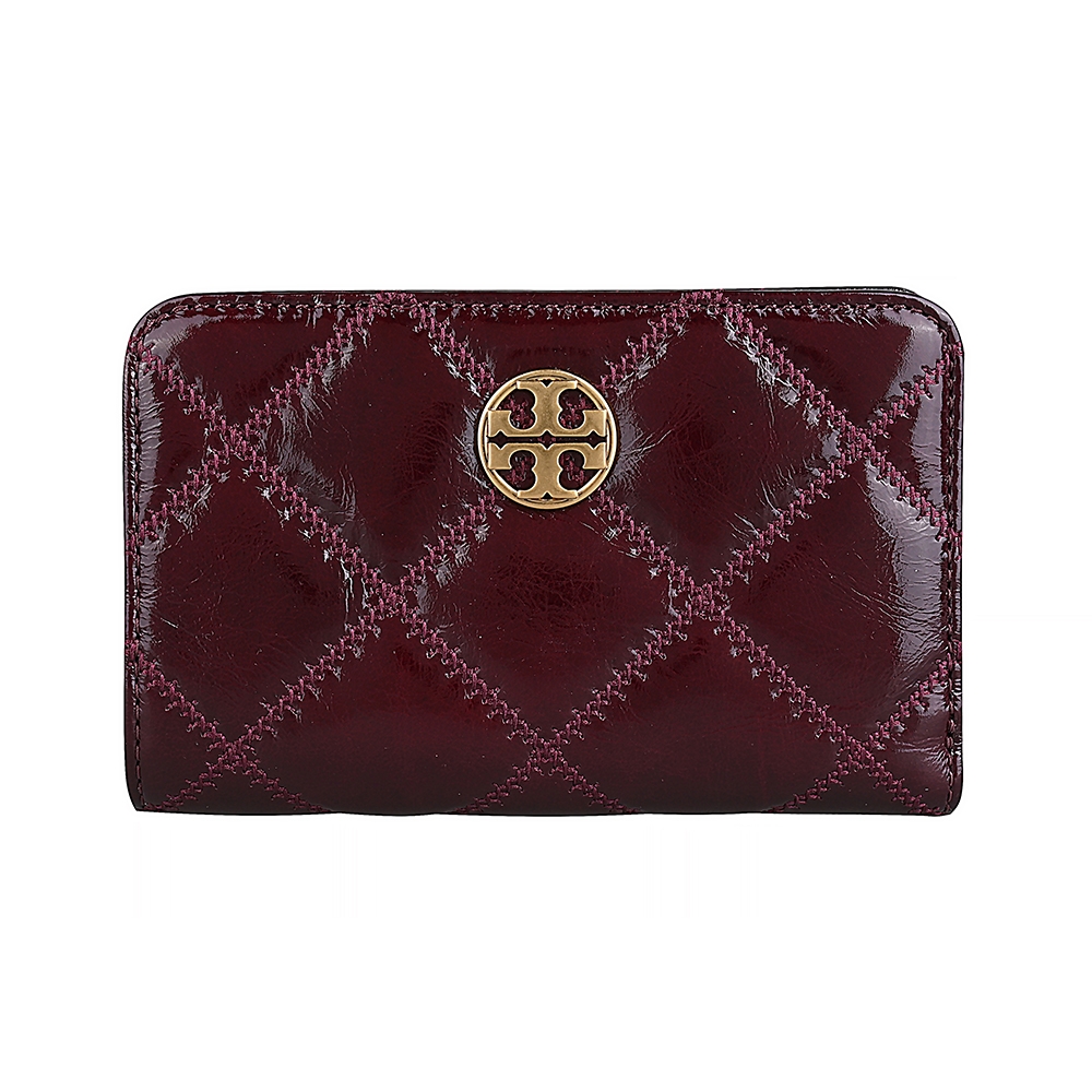 TORY BURCH Willa經典金色圓牌LOGO菱格紋皮革對折中夾(深果醬紅)