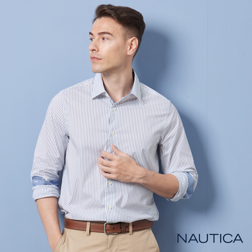 Nautica 男裝 百搭條紋吸濕排汗長袖襯衫-白