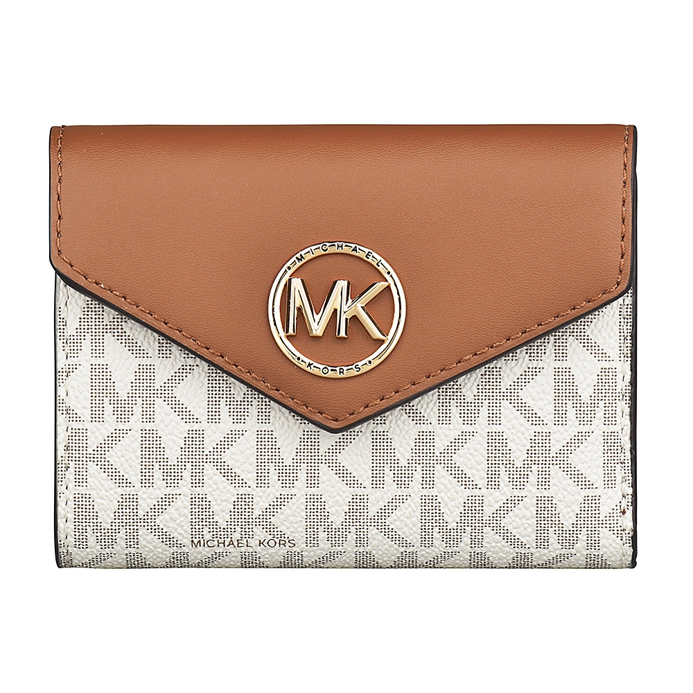 MK MICHAEL KORS CARMEN金字字母LOGO拼接設計印花PVC/牛皮4卡釦式短夾(香草白x棕)