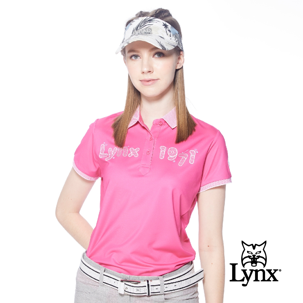 【Lynx Golf】女款吸溼排汗羅紋配布簡約Lynx字樣印花設計短袖POLO衫/高爾夫球衫-桃紅色