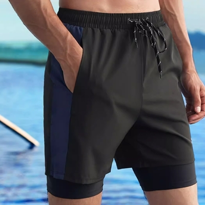 Biki.泳褲L-5L狄卡有加大外寬鬆沙灘假二件式男短褲