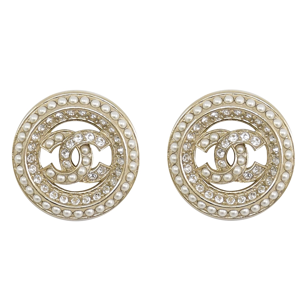 CHANEL 鏤空水鑽珠飾CC LOGO圓環針式耳環(淡金)