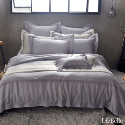 義大利La Belle《薩爾瓦-銀》雙人天絲蕾絲防蹣抗菌吸濕排汗兩用被床包組-灰色