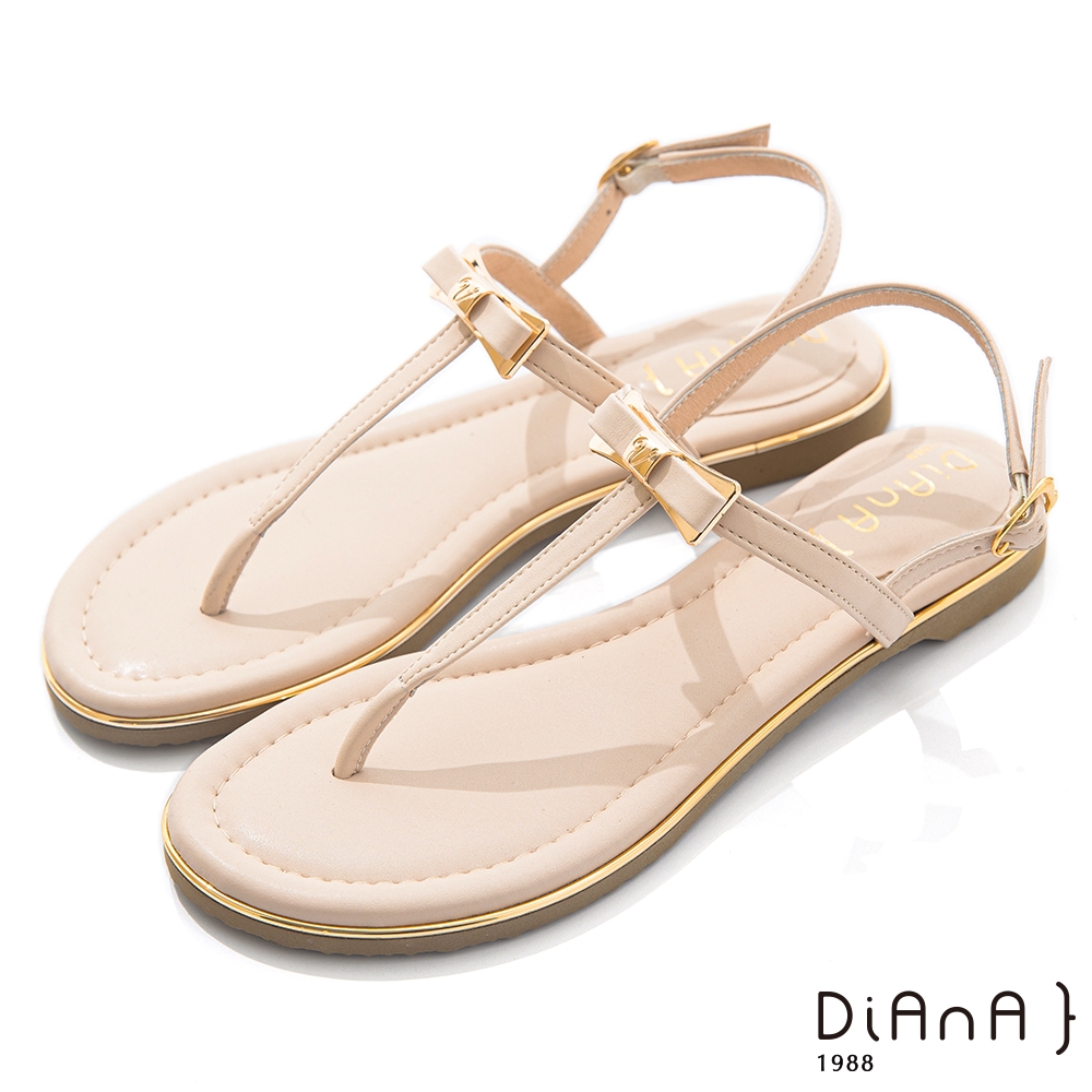 DIANA 1.5cm 超透氣纖維金屬緞帶蝴蝶結釦楔型T字夾腳涼鞋-俏麗甜美-奶油白