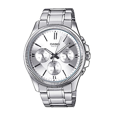 CASIO簡約時尚特殊齒框設計三針三眼不鏽鋼腕錶(MTP-1375D-7)白34mm