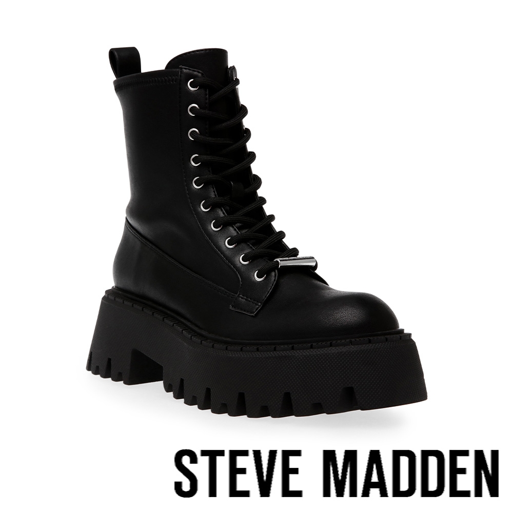 STEVE MADDEN-OVER-RIDE 厚底綁帶中筒靴-黑色