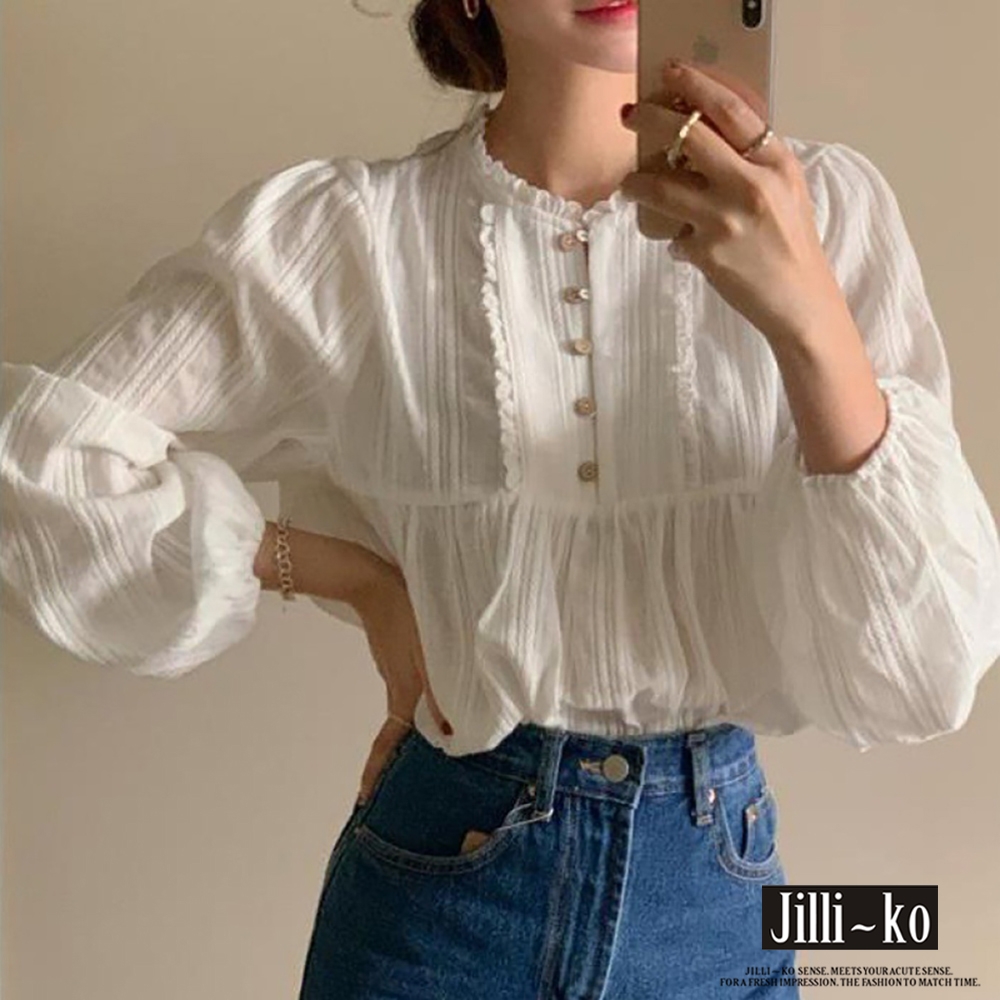 JILLI-KO 法式復古文藝浪漫女蕾絲燈籠袖寬鬆襯衫- 白色