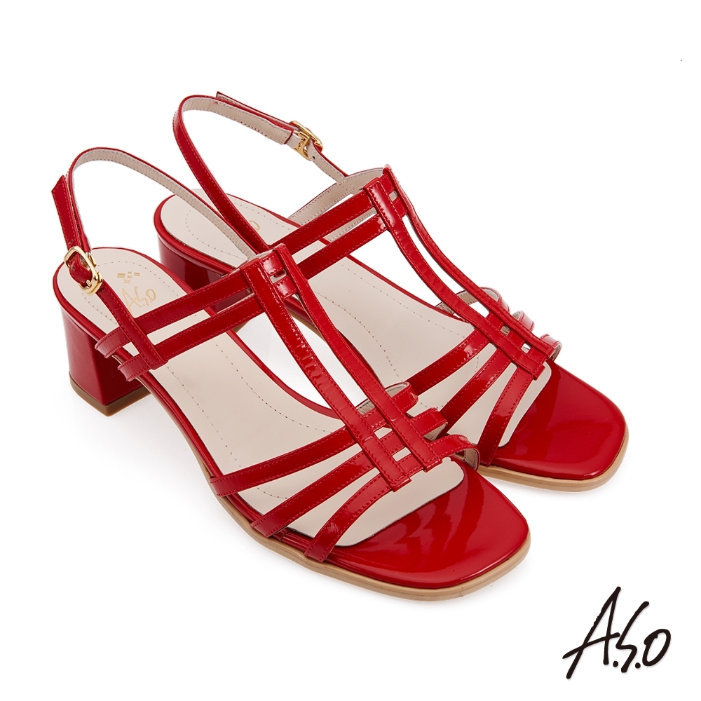 A.S.O 健步美型線條亮眼粗跟涼鞋-正紅