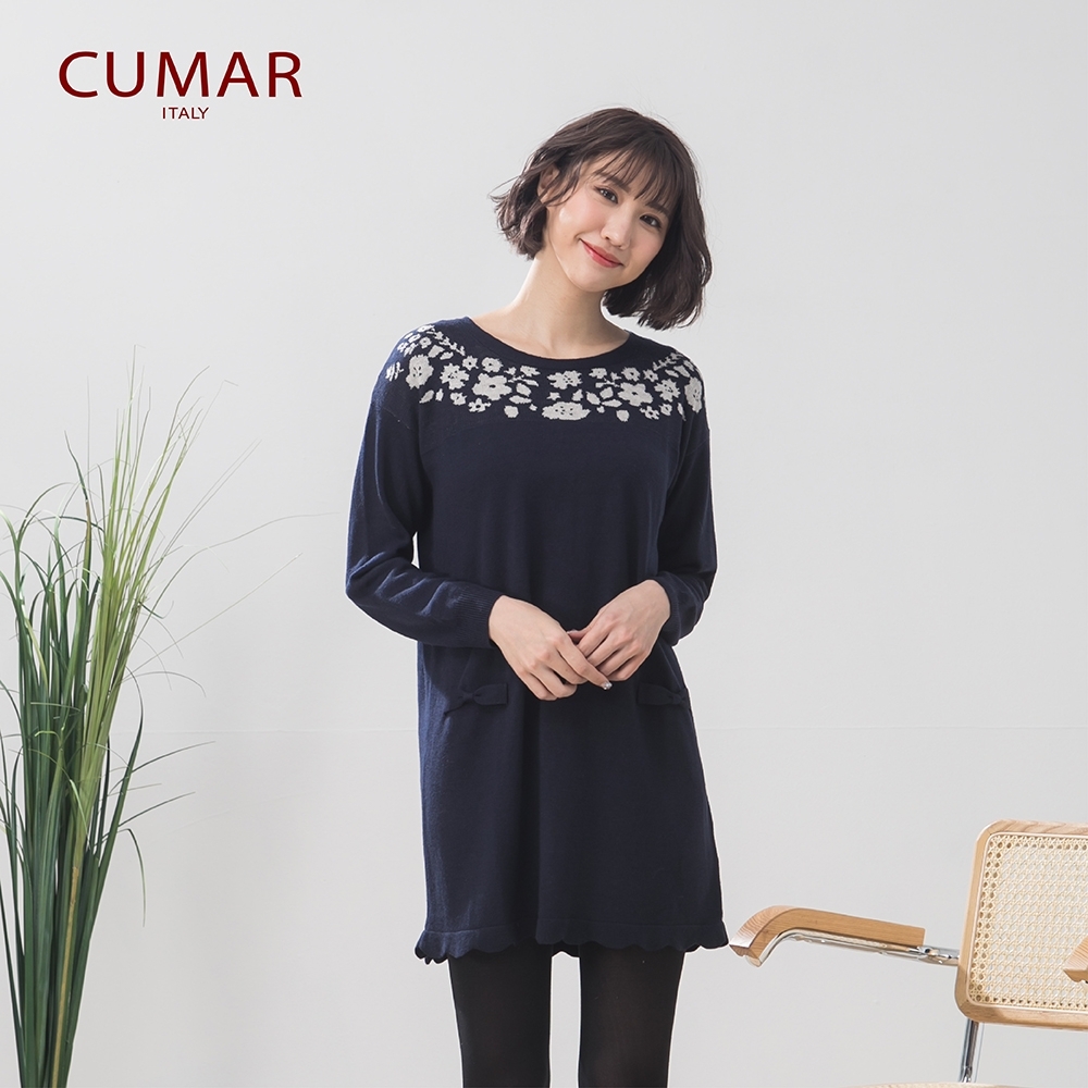 【CUMAR】圓領花卉造型長版-針織衫(三色/版型合身)