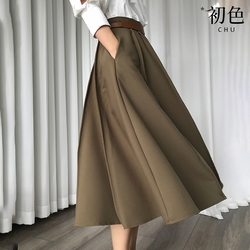 初色  法式簡約腰帶高腰百褶西裝傘裙-咖啡色-66617(M-XL可選)