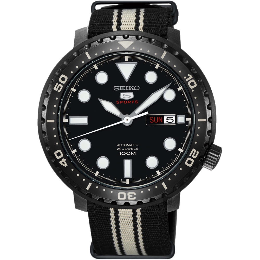 SEIKO 精工 5號系列 時尚運動機械錶-黑x帆布帶-男錶(SRPC67J1)44mm SK008