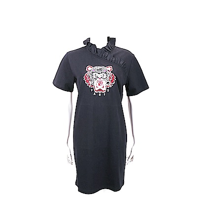 KENZO Tiger 刺繡虎頭黑色荷葉領短袖洋裝