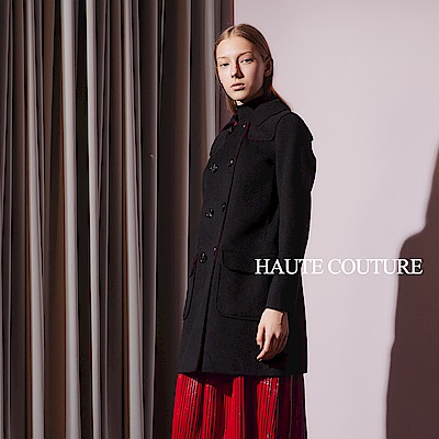 Haute Couture 高定系 精緻高磅羊毛撞色毛呢長版大衣外套-黑