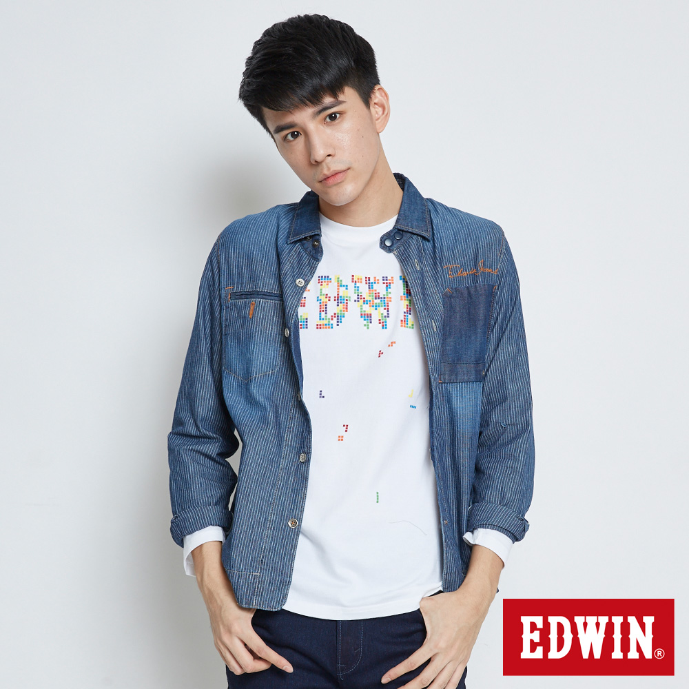EDWIN 剪接款襯衫牛仔外套-男-酵洗藍