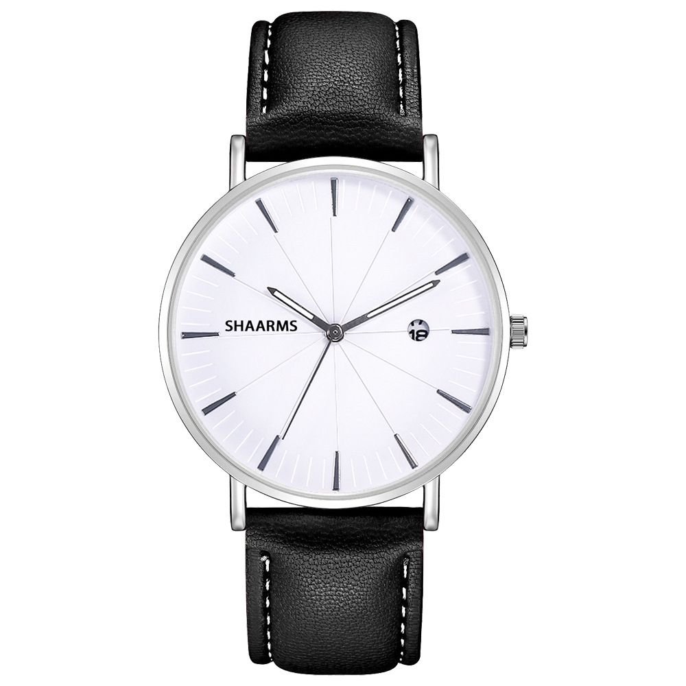 SHAARMS 子午線休閒風簡潔氣質日曆皮帶手錶-黑帶白面銀框/40mm