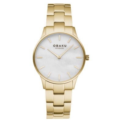 OBAKU 都會知性貝殼時尚腕錶-金X白-V247LXGWSG-35mm