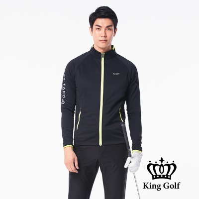 【KING GOLF】男款LOGO印圖防風防水拉鍊撞色中厚款長袖夾克外套-黑色