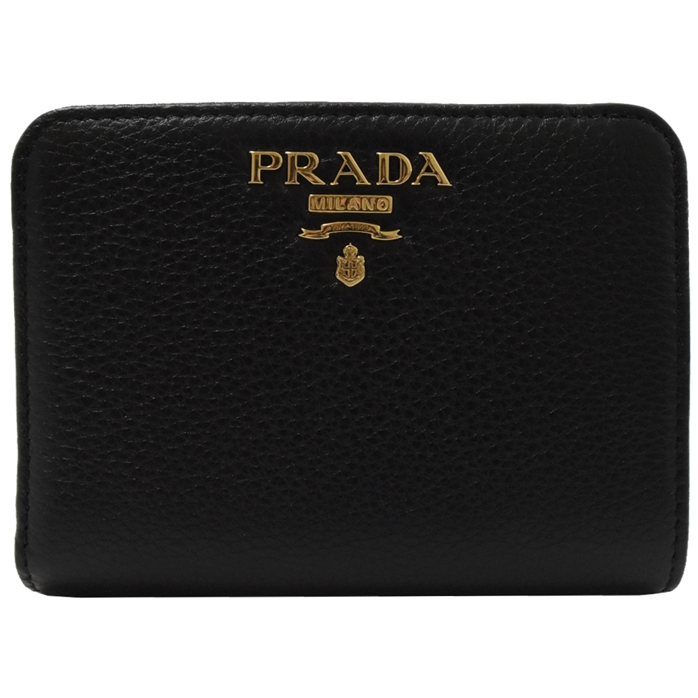 PRADA 金屬LOGO荔枝牛皮釦式零錢短夾(黑)