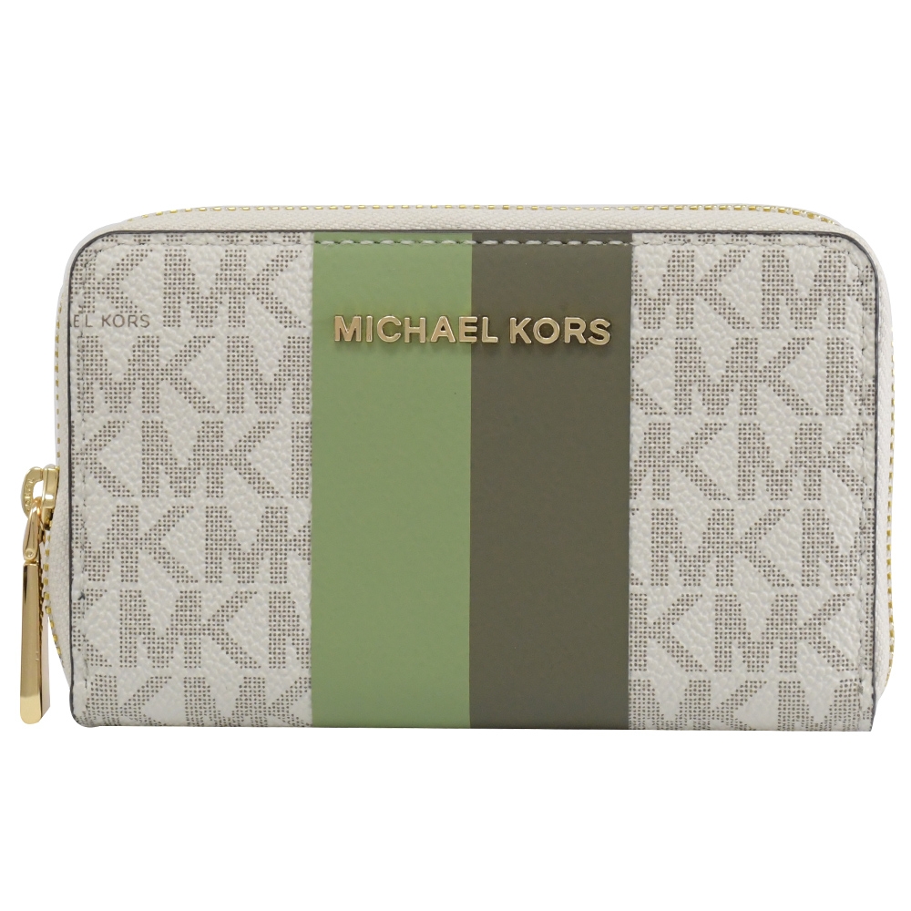 MICHAEL KORS Jet Set 經典條紋印花PVCㄇ字拉鍊零錢夾(白/軍綠)