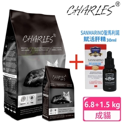 CHARLES 查爾斯 特惠組 低敏貓糧 活力能量貓 6.8kg + 1.5kg + 聖馬利諾 貓用賦活肝精 30ml