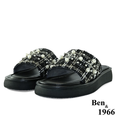 Ben&1966高級頭層羊皮流行格紋布厚底拖鞋-黑(216491)