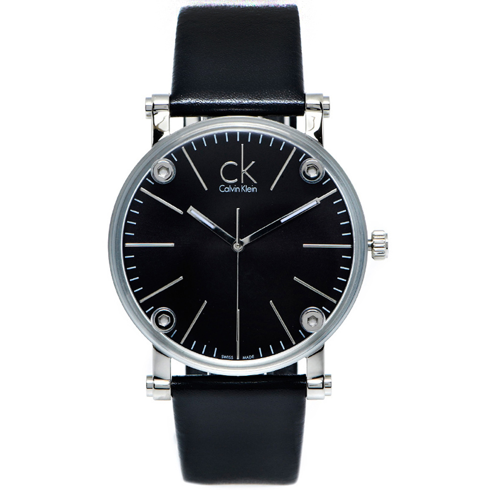 CK Calvin Klein 鏡面加厚款皮革手錶(K3B2T1C1)-黑面/42mm