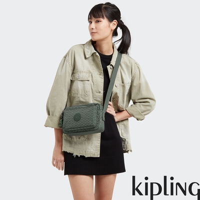 Kipling 軍綠老花格紋多層隨身斜背包-ABANU M