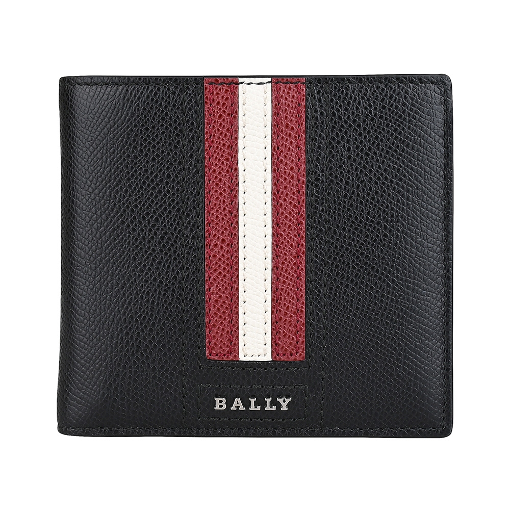 BALLY Teisel電鍍銀LOGO鵝卵石紋牛皮紅白條紋設計4卡零錢短夾(黑)