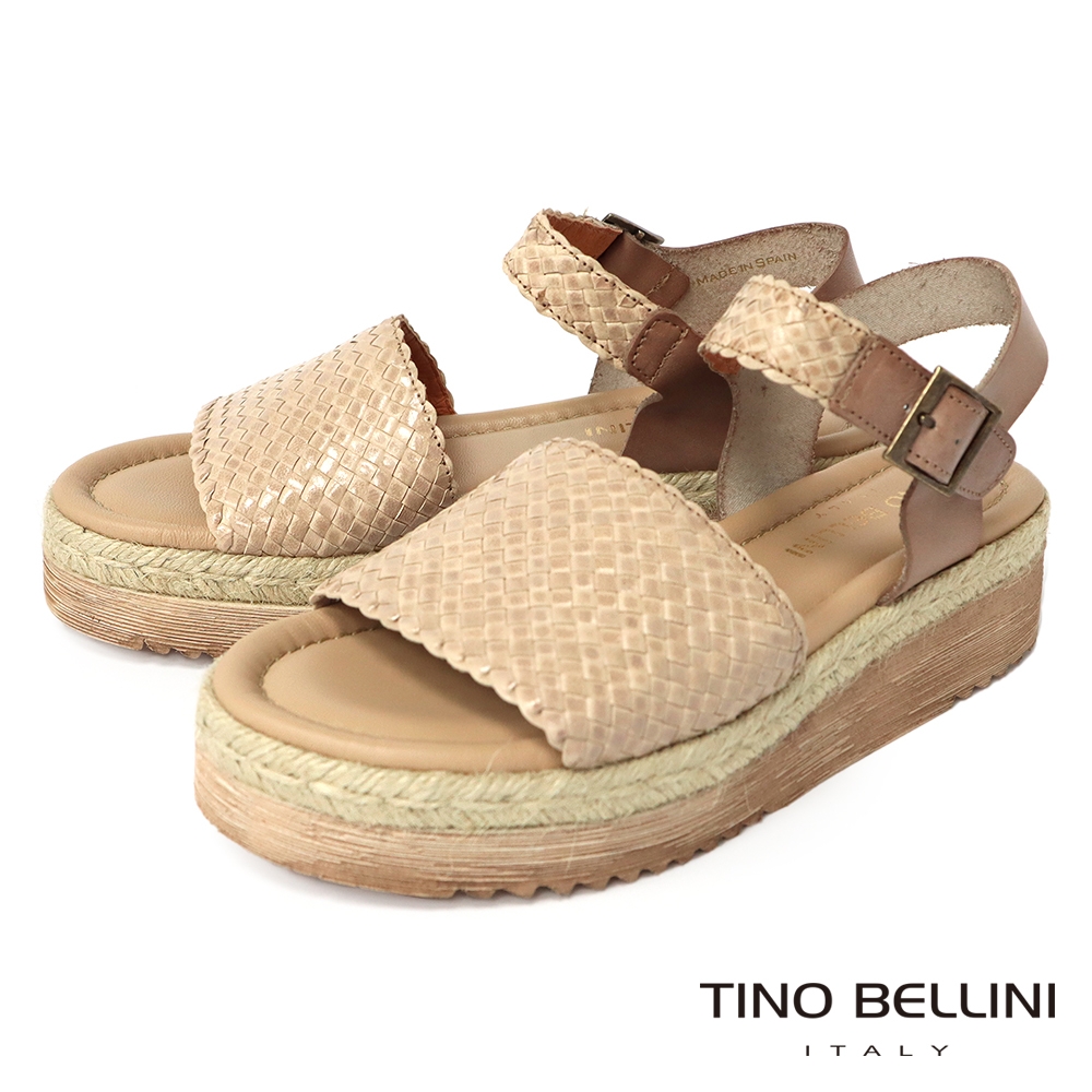 Tino Bellini 西班牙進口悠閒渡假編織風釦帶厚底涼鞋-米