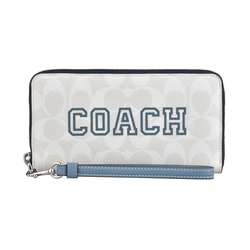 COACH Varsity字母LOGO緹花PVC 12卡拉鍊長夾(粉筆白x淺靛藍)