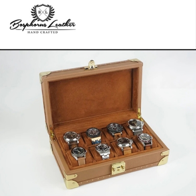 【伯倫】Saffiano-X8 焦糖棕 收藏型金釦八腕錶盒