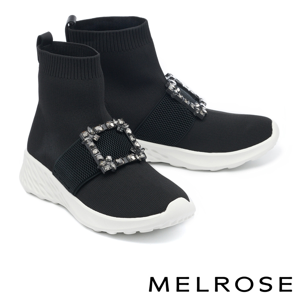 休閒鞋 MELROSE 舒適時尚水鑽方釦彈力飛織高筒厚底休閒鞋－黑灰