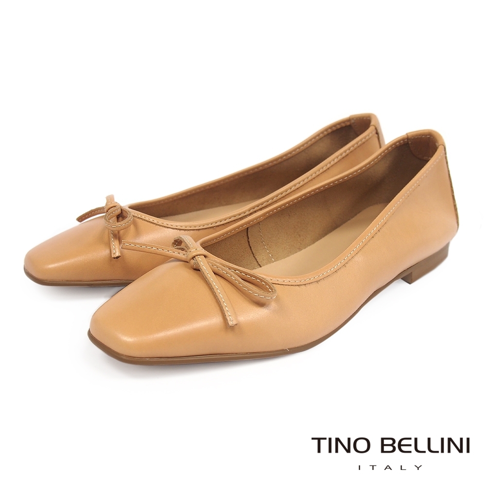 Tino Bellini 義大利進口法式優雅芭蕾小方頭牛皮平底鞋-米