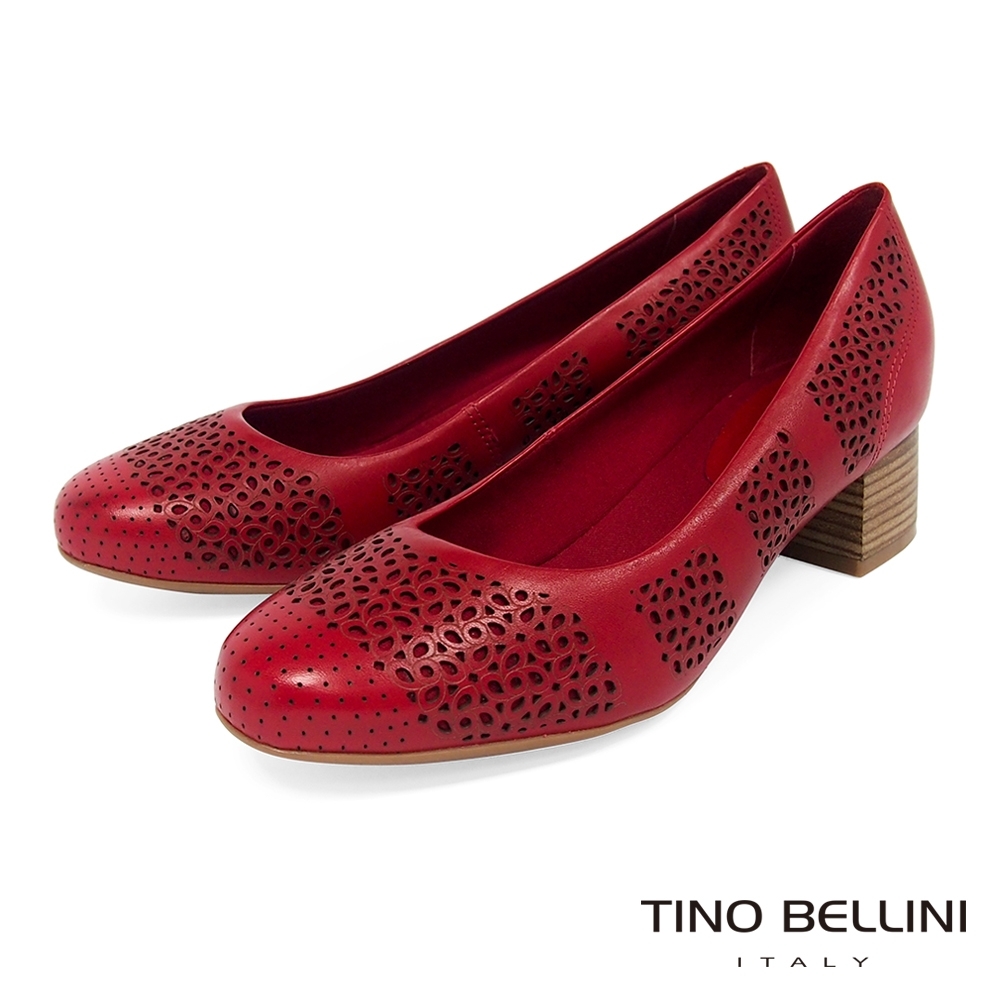 Tino Bellini巴西進口典雅雕花舒足中跟鞋_紅