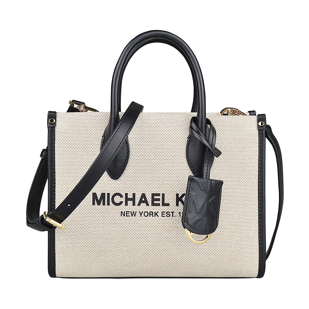 MK MICHAEL KORS MIRELLA黑字LOGO帆布飾牛皮邊拉鍊手提斜背包(小/白x黑)