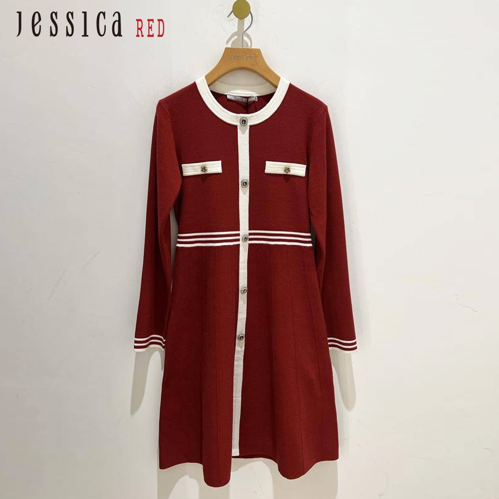 JESSICA RED - 經典撞色滾邊小香風長袖針織洋裝832Z77（紅）