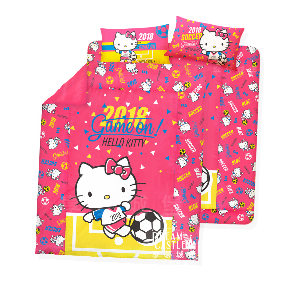 享夢城堡 雙人加大床包涼被四件式組-HELLO KITTY 2018世足-粉.紅